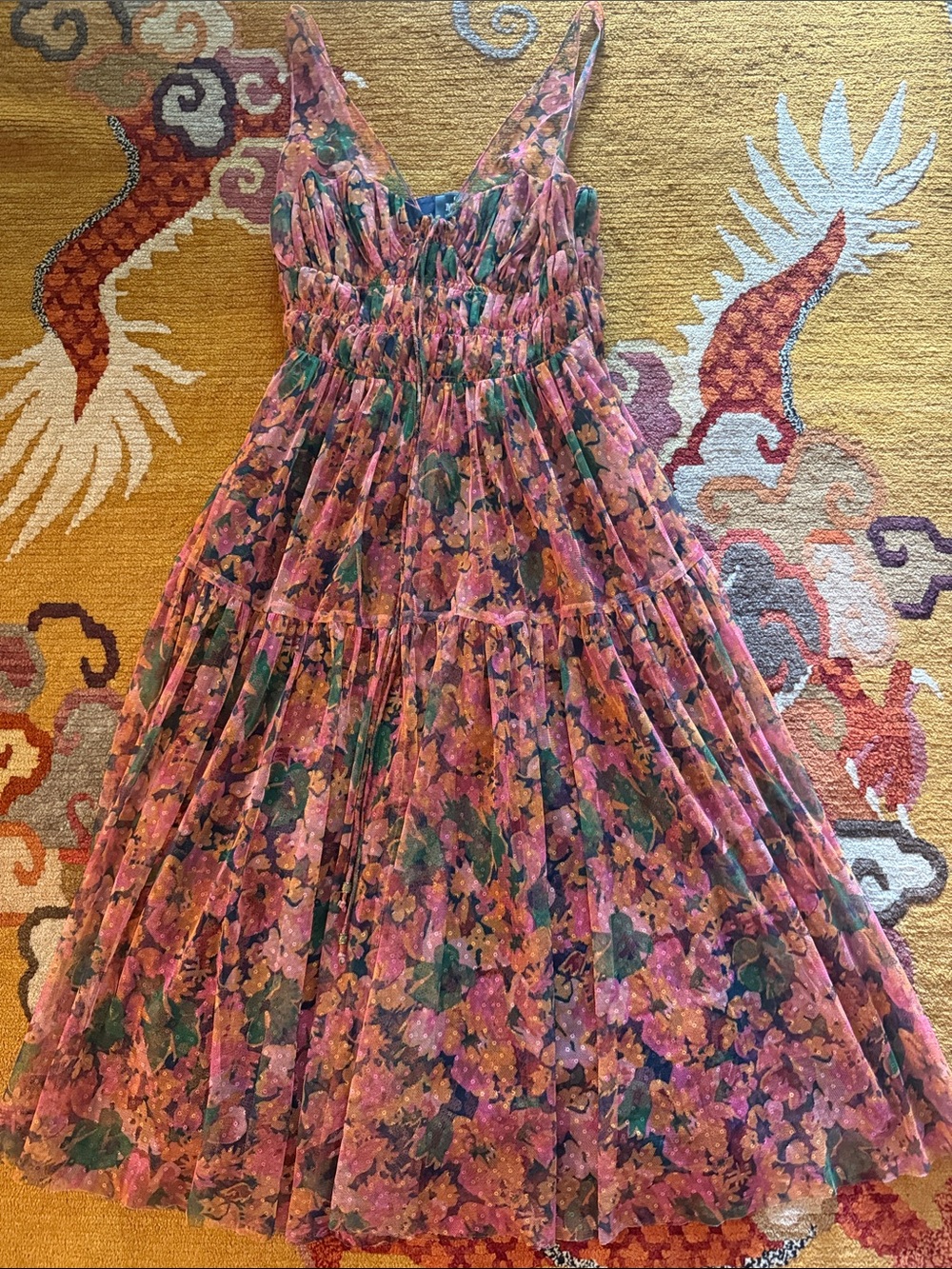 Maeve Pink Floral Tiered Sundress with Green Accents